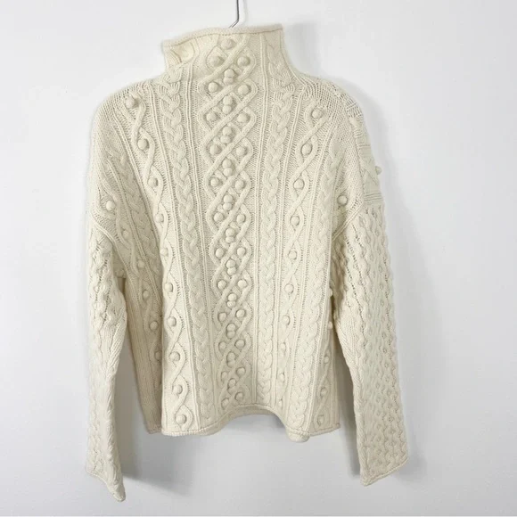 Theory Wool Cashmere Mixed Cable Knit Pom Pom Sweater Size Small NWT Ivory